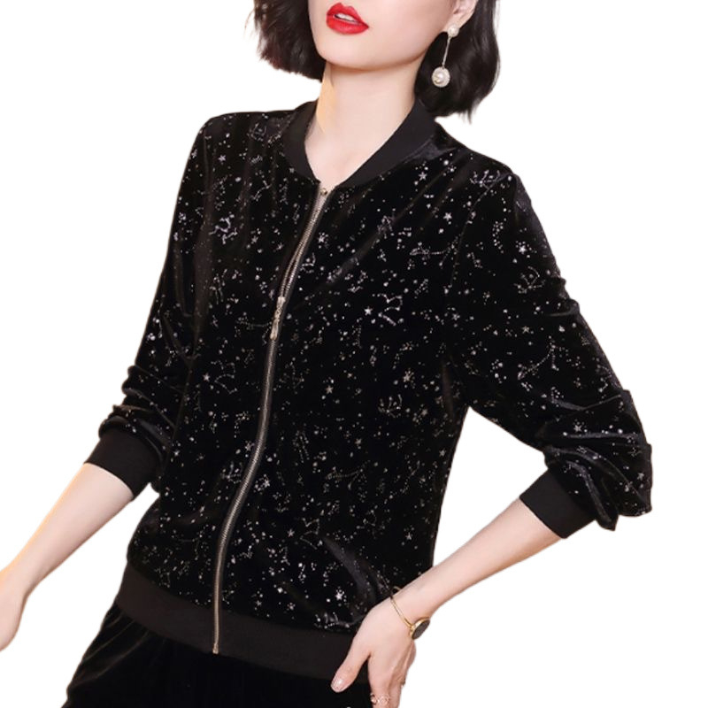 Juodas auksinis aksominis paltas moterims 2024 m. rudens naujas laisvalaikio stiliaus visų rungtynių margintas viršutinis laisvas ilgomis rankovėmis beisbolo kostiumas