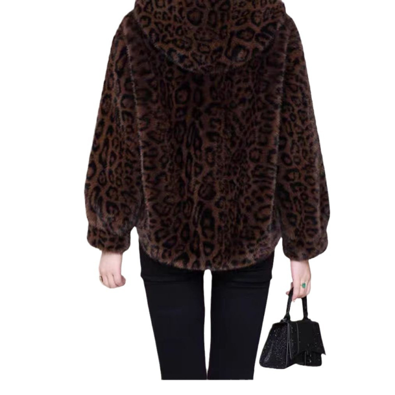 Internete populiari dirbtinio kailio leopardo spausdinimo striukė su trumpu gobtuvu, nauja madinga kailio imitacija, audinės vilnos moteriški drabužiai