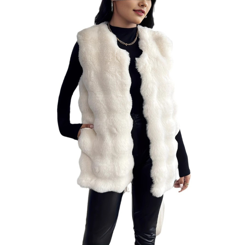 2024 m. „Amazon“ tarpvalstybinė Europos ir Amerikos moterų užsienio prekyba rudens ir žiemos apvalios kaklo imitacijos kailio liemenė, ilga liemenė, paltas moterims