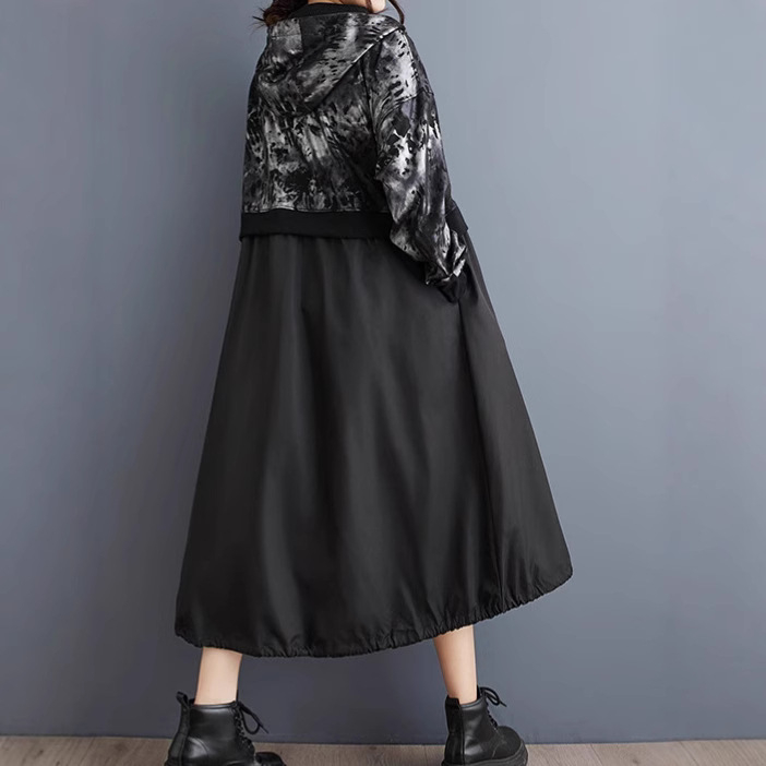 2024 őszi és téli új, középhosszú, plus size széldzseki, bő, karcsú, kapucnis, varrásos, nyomtatott cipzáras női ruházat