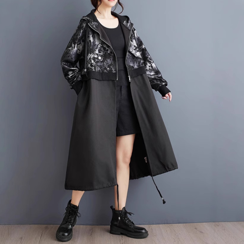 2024 őszi és téli új, középhosszú, plus size széldzseki, bő, karcsú, kapucnis, varrásos, nyomtatott cipzáras női ruházat