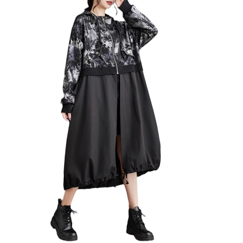 2024 őszi és téli új, középhosszú, plus size széldzseki, bő, karcsú, kapucnis, varrásos, nyomtatott cipzáras női ruházat