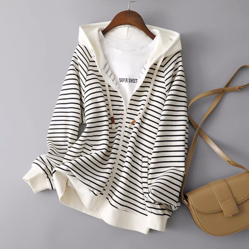 2025 primăvara și toamna nou casual mic parfum stil dungi cu glugă topuri femei cel mai ușor pentru meci naveta top cu mânecă lungă topuri slim