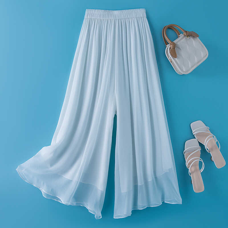 Nyári selyem culottes Női kínai stílusú zen alsónadrág Lezser elegáns eperfa selyem egyenes szárú bő szárú nadrág Nadrág