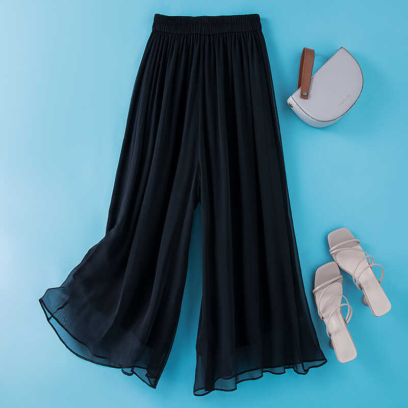 Nyári selyem culottes Női kínai stílusú zen alsónadrág Lezser elegáns eperfa selyem egyenes szárú bő szárú nadrág Nadrág