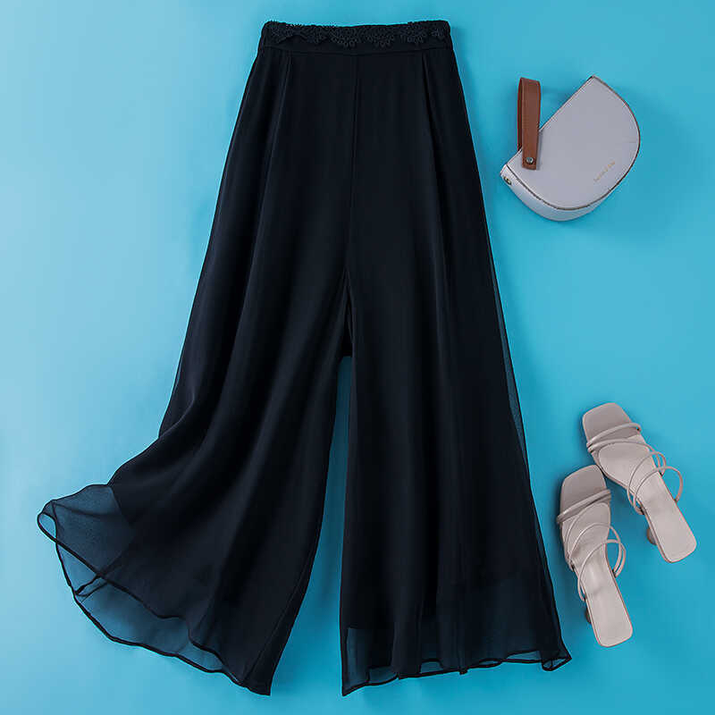 Nyári selyem culottes Női kínai stílusú zen alsónadrág Lezser elegáns eperfa selyem egyenes szárú bő szárú nadrág Nadrág