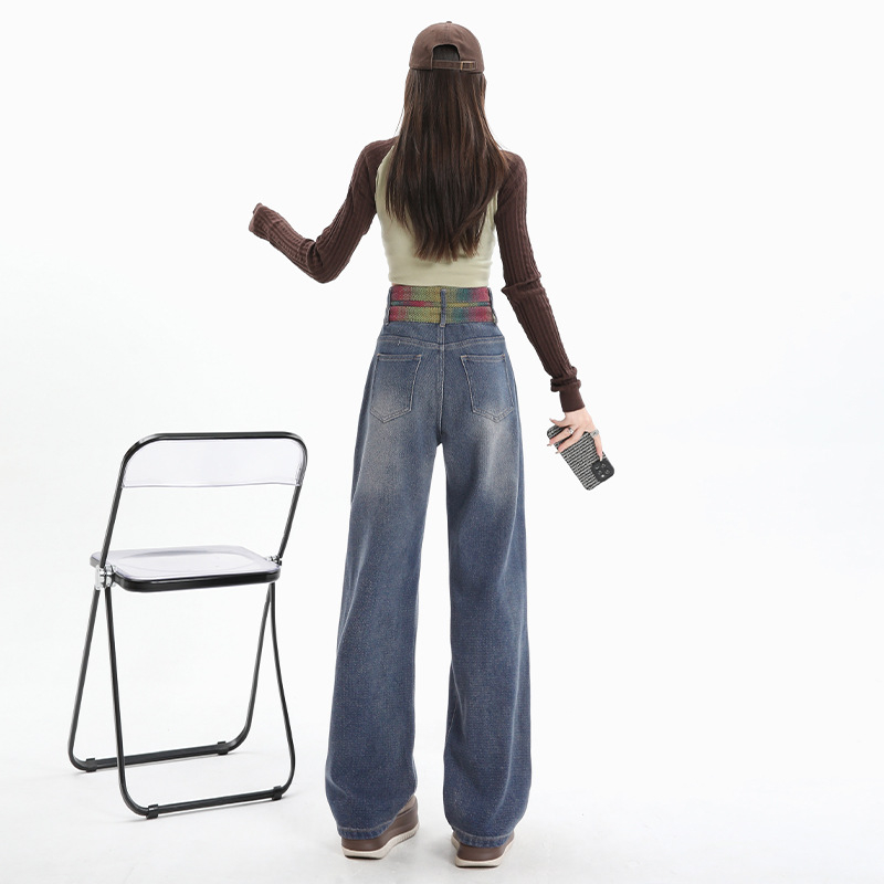 Színátmenetes színű, magas derekú, bő szárú farmernadrág, női, új, 2024-es őszi, keskeny, egyenes, laza, karcsúsított nadrág