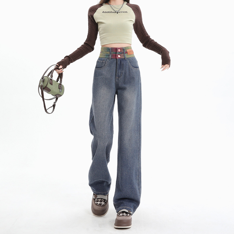 Színátmenetes színű, magas derekú, bő szárú farmernadrág, női, új, 2024-es őszi, keskeny, egyenes, laza, karcsúsított nadrág