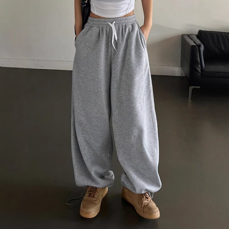 Pantaloni de trening largi transfrontalieri, gri, pentru femei, Aliexpress Amazon, casual, versatil, retro, largi