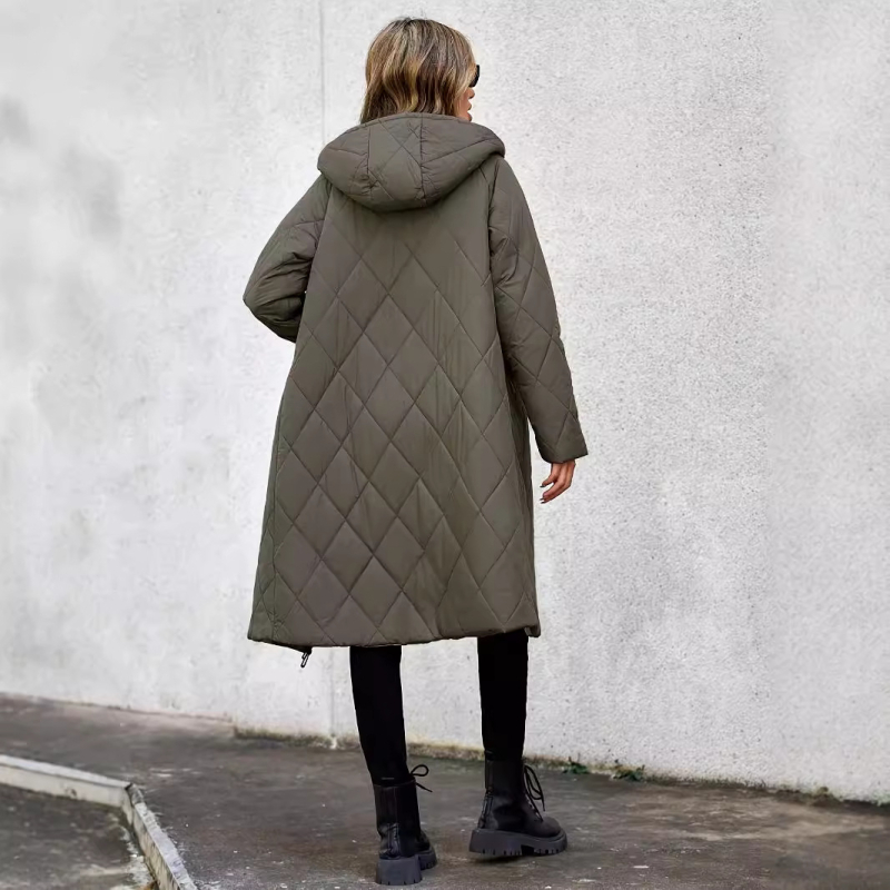 Túlméretezett európai és amerikai stílusú 2024-es új mintás rácsos hosszú pamut kabát felsőruházat meleg női kapucnis vastag új stílusú pamut dzseki