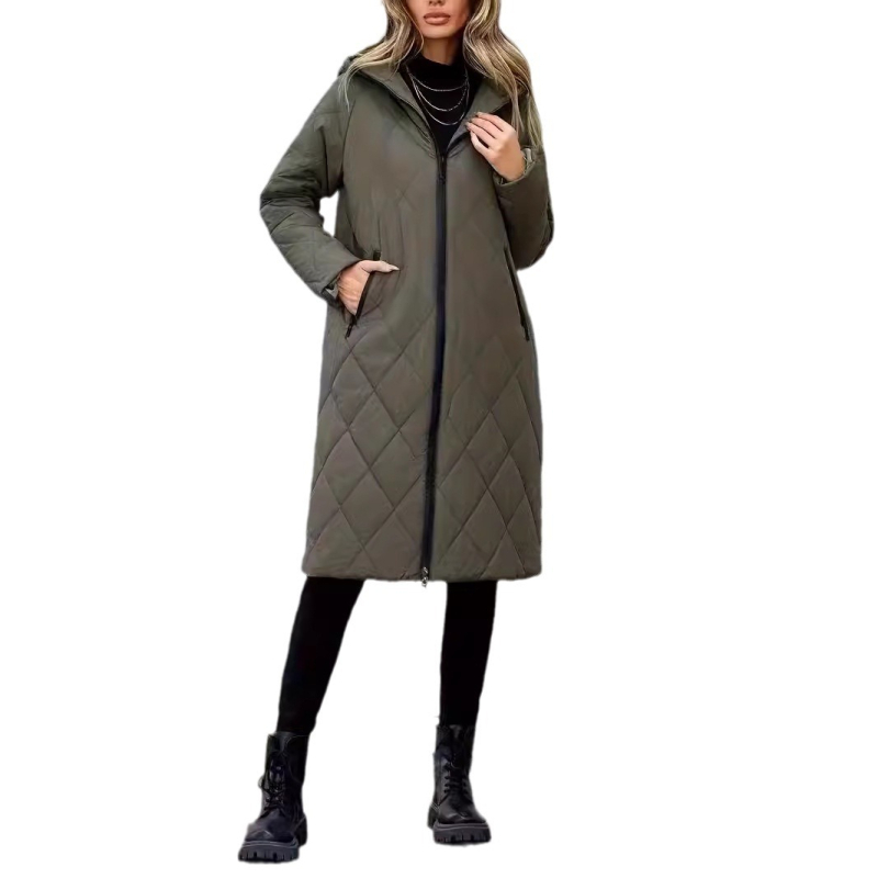 Túlméretezett európai és amerikai stílusú 2024-es új mintás rácsos hosszú pamut kabát felsőruházat meleg női kapucnis vastag új stílusú pamut dzseki