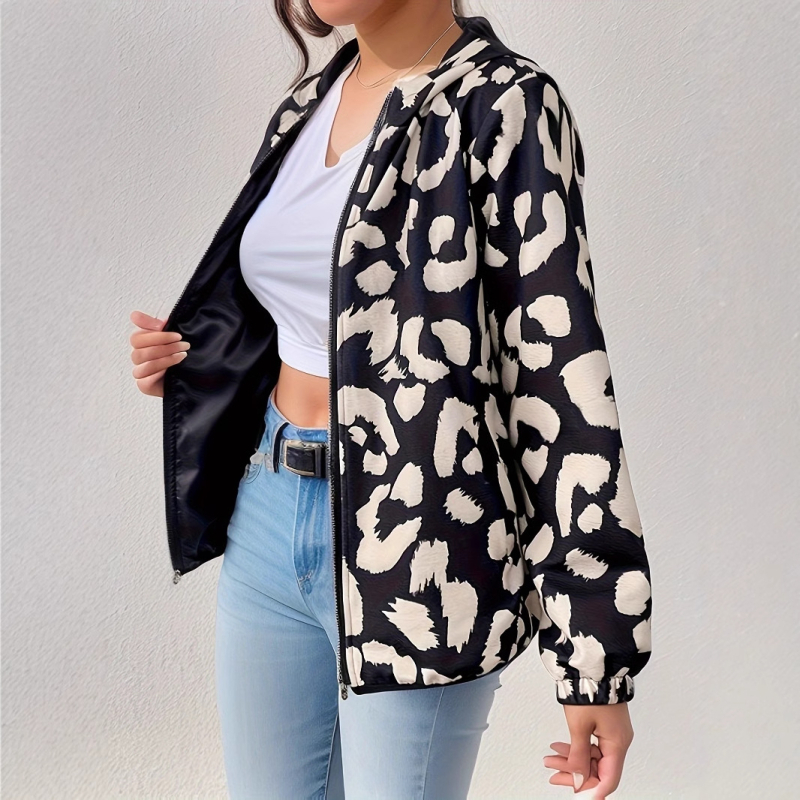 2025 Új, határokon átnyúló európai és amerikai női leopárdmintás, cipzáras, kapucnis kabát, alkalmi, minden mérkőzésre alkalmas, laza