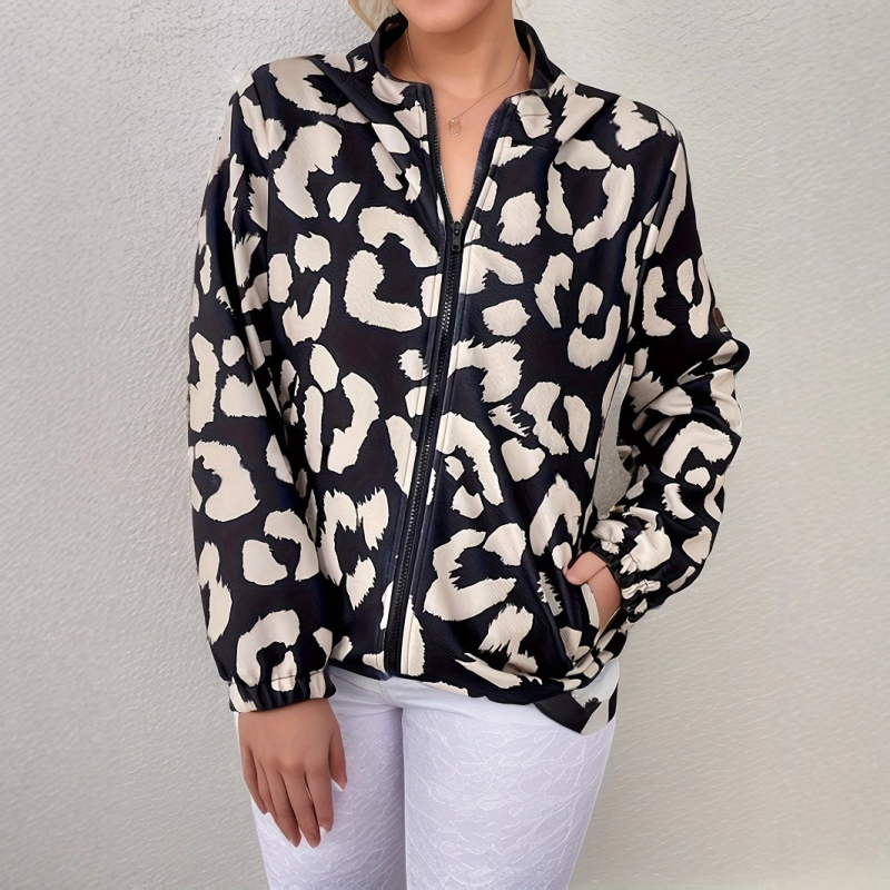 2025 Új, határokon átnyúló európai és amerikai női leopárdmintás, cipzáras, kapucnis kabát, alkalmi, minden mérkőzésre alkalmas, laza