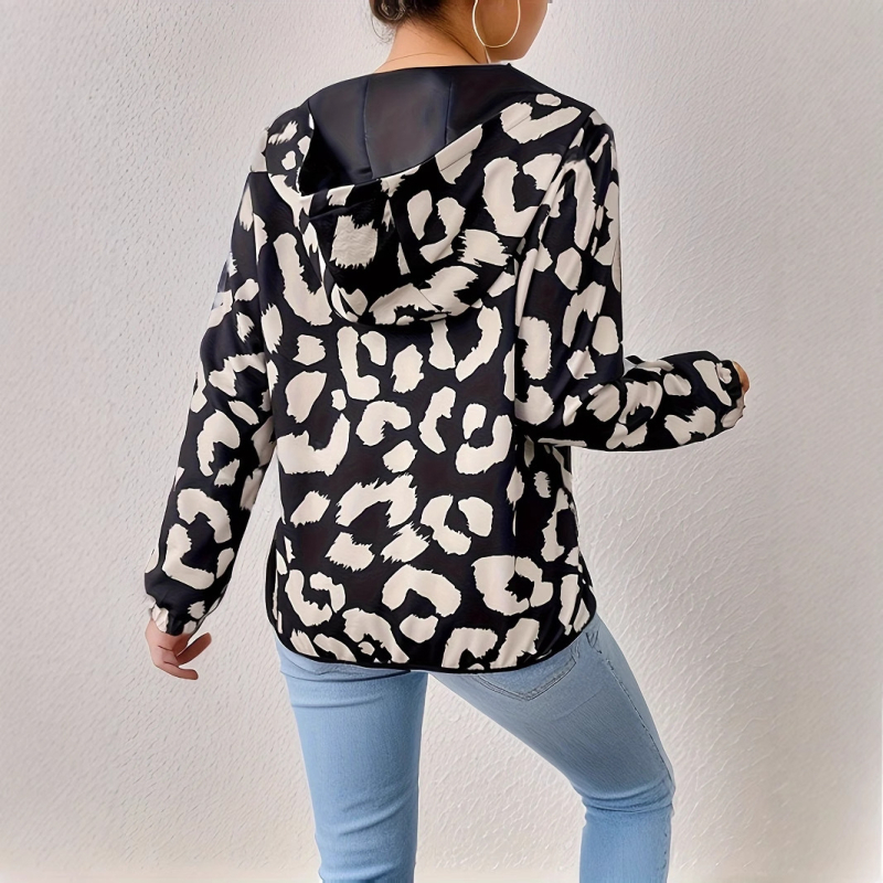 2025 Új, határokon átnyúló európai és amerikai női leopárdmintás, cipzáras, kapucnis kabát, alkalmi, minden mérkőzésre alkalmas, laza