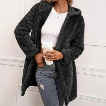 Euroopa ja Ameerika piiriülesed naisterõivad sügiseks ja talveks uued lahtised laisad vabaaja soojad plüüškapuutsiga kardiganid keskmise pikkusega karusnahast ülerõivad