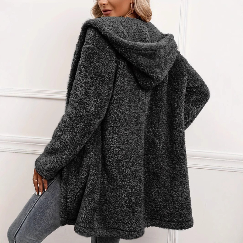 Euroopa ja Ameerika piiriülesed naisterõivad sügiseks ja talveks uued lahtised laisad vabaaja soojad plüüškapuutsiga kardiganid keskmise pikkusega karusnahast ülerõivad