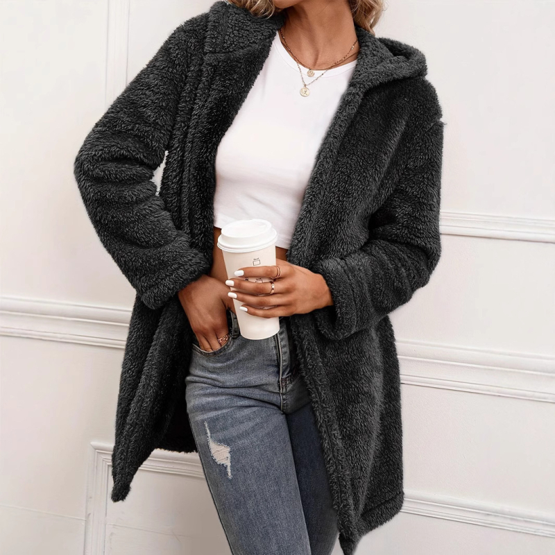 Euroopa ja Ameerika piiriülesed naisterõivad sügiseks ja talveks uued lahtised laisad vabaaja soojad plüüškapuutsiga kardiganid keskmise pikkusega karusnahast ülerõivad