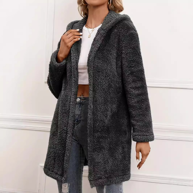 Euroopa ja Ameerika piiriülesed naisterõivad sügiseks ja talveks uued lahtised laisad vabaaja soojad plüüškapuutsiga kardiganid keskmise pikkusega karusnahast ülerõivad