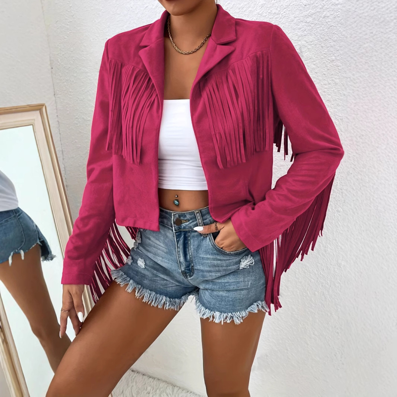 B6013 Amazon európai és amerikai női őszi és téli új, karcsúsított, nyomtatott, bojtos, hosszú ujjú kabát, divatos, elegáns kabát