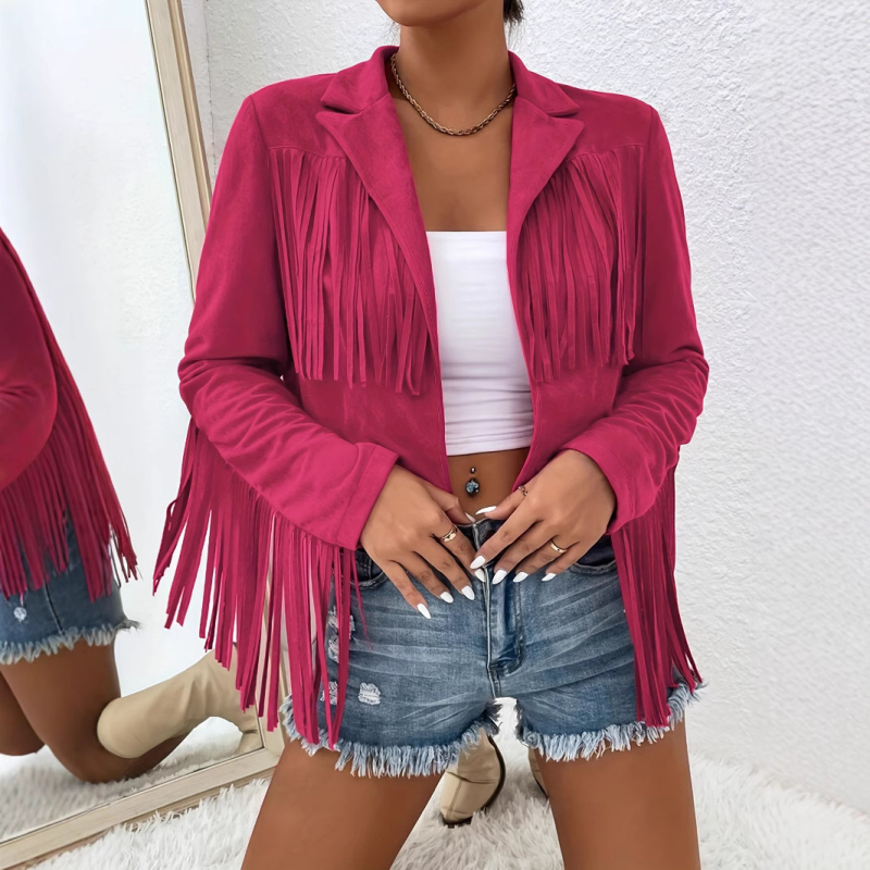 B6013 Amazon európai és amerikai női őszi és téli új, karcsúsított, nyomtatott, bojtos, hosszú ujjú kabát, divatos, elegáns kabát