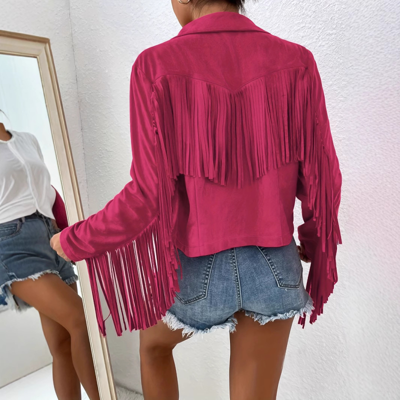 B6013 Amazon európai és amerikai női őszi és téli új, karcsúsított, nyomtatott, bojtos, hosszú ujjú kabát, divatos, elegáns kabát