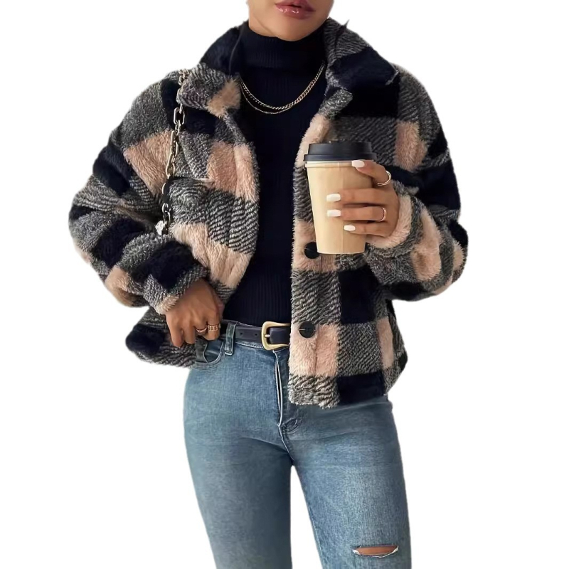 Európa és az Egyesült Államok határokon átnyúló Amazon meleg kétoldalas plüss meleg nyomtatású gombos alkalmi kardigán kabát női divat