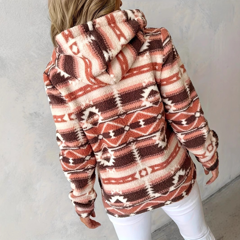 Jachetă de damă cu glugă și fermoar, model geometric larg, model european și american, plus mărime, Amazon, la modă, casual, vrac, imprimată, pentru femei