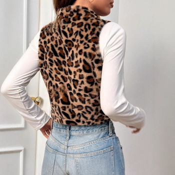 2025 Îmbrăcăminte transfrontalieră pentru femei Amazon European și American Toamna și iarna Nouă vestă de pluș cu imprimeu leopard cu fermoar larg pentru femei