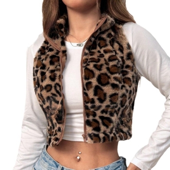 2025 Îmbrăcăminte transfrontalieră pentru femei Amazon European și American Toamna și iarna Nouă vestă de pluș cu imprimeu leopard cu fermoar larg pentru femei