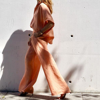 FD1666 kevad-suvi 2024 uus piiriülene naiste mood temperamentne ühevärviline lahtine puuvillane linane kaheosaline komplekt