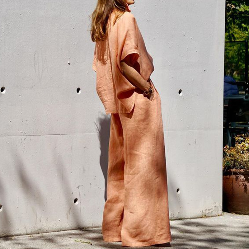 FD1666 kevad-suvi 2024 uus piiriülene naiste mood temperamentne ühevärviline lahtine puuvillane linane kaheosaline komplekt