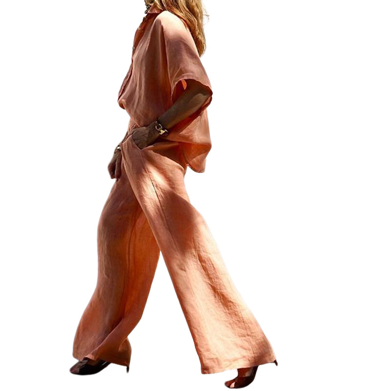 FD1666 kevad-suvi 2024 uus piiriülene naiste mood temperamentne ühevärviline lahtine puuvillane linane kaheosaline komplekt