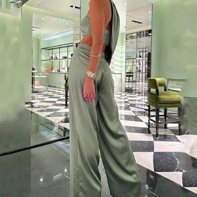 2024-es európai és amerikai külkereskedelmi női elegáns, pántnélküli, vállpántos, szexi, bő szárú, köldökig érő nadrágkosztüm