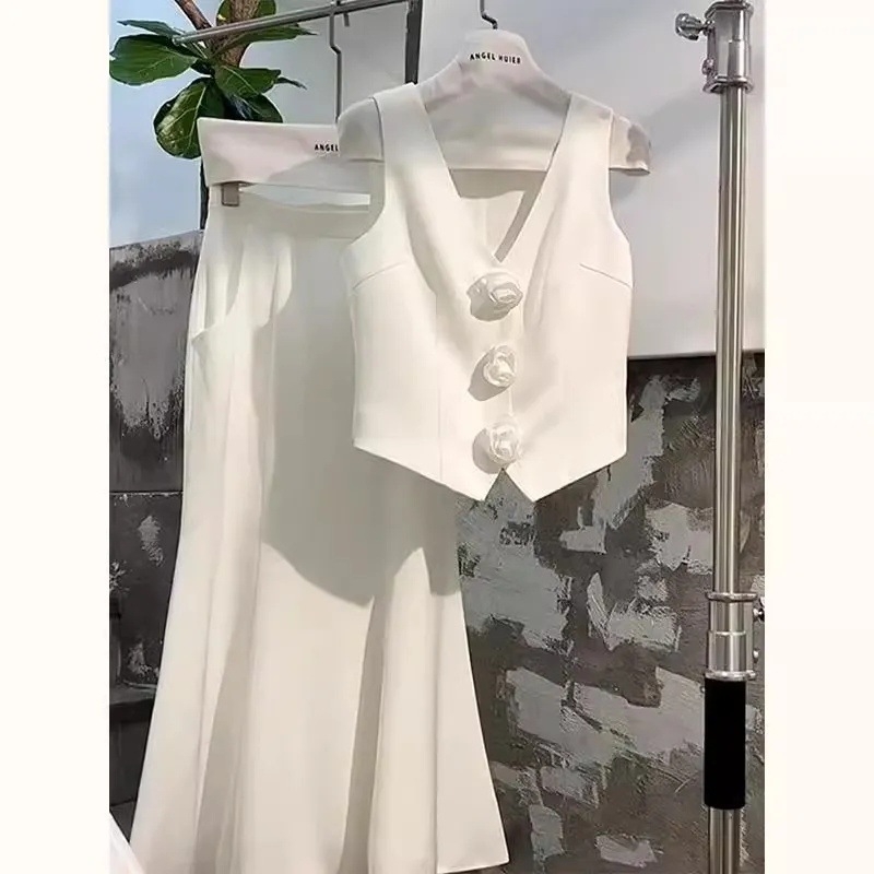 Φόρεμα με σχέδιο λουλουδιών σε στυλ Chanel, Κορεάτικο στυλ, Γιλέκο, Κομψή φούστα με ουρά ψαριού, Γυναικείο φόρεμα δύο τεμαχίων