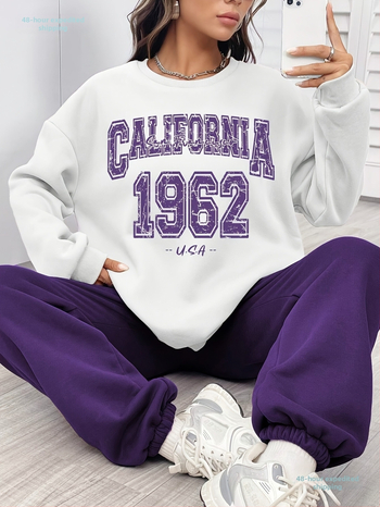 Γυναικείο φούτερ με στάμπα California 1962 με μονόγραμμα και μωβ χρώμα