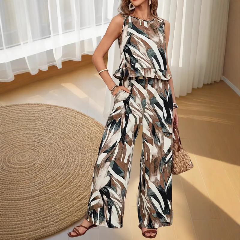 Határokon átnyúló külkereskedelmi rugalmas derekú, bő oldalzsebes nadrág, nyomtatott felső fodros szegéllyel, bő nadrág, kétrészes szett