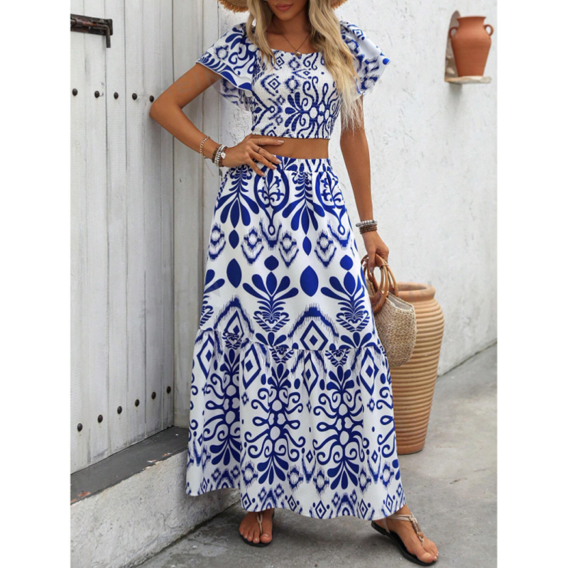 Határokon átnyúló külkereskedelem 2024 európai és amerikai szabadidős ünnepi kétrészes női vakációs nyomtatott ruha