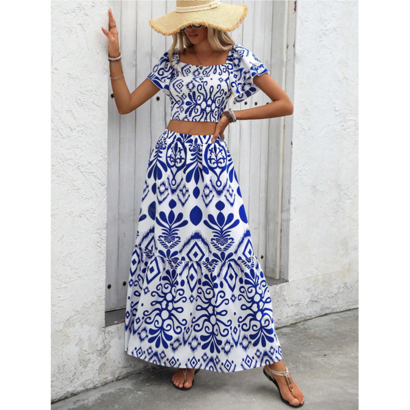 Határokon átnyúló külkereskedelem 2024 európai és amerikai szabadidős ünnepi kétrészes női vakációs nyomtatott ruha
