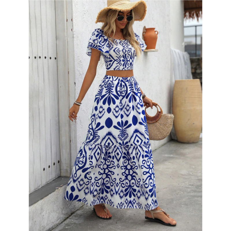 Határokon átnyúló külkereskedelem 2024 európai és amerikai szabadidős ünnepi kétrészes női vakációs nyomtatott ruha