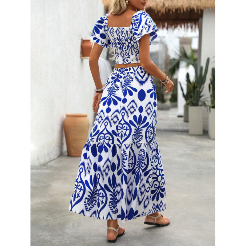 Határokon átnyúló külkereskedelem 2024 európai és amerikai szabadidős ünnepi kétrészes női vakációs nyomtatott ruha