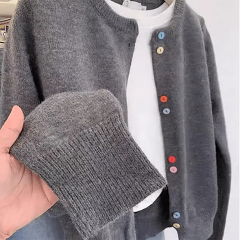 Rudens ir žiemos apvalios kaklo spalvos sagų vilnonis kardiganas moteriškas paltas, vienspalvis megztinis, laisvas, liekninamasis, kašmyro megztinis, megztas viršus