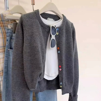 Rudens ir žiemos apvalios kaklo spalvos sagų vilnonis kardiganas moteriškas paltas, vienspalvis megztinis, laisvas, liekninamasis, kašmyro megztinis, megztas viršus