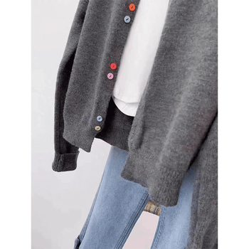 Rudens ir žiemos apvalios kaklo spalvos sagų vilnonis kardiganas moteriškas paltas, vienspalvis megztinis, laisvas, liekninamasis, kašmyro megztinis, megztas viršus