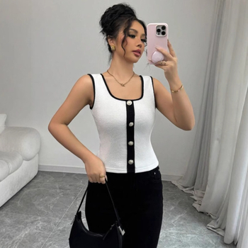 Ευρωπαϊκό και Αμερικανικό Γιλέκο Μικρό Chanel σε Στυλ Μαύρο και Άσπρο με Αντίθεση Χρώματος Μεταλλικής Αγκράφας, Γυναικείο Πλεκτό Γιλέκο Sling