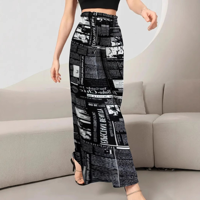 Európai és amerikai, határokon átnyúló új tavaszi és őszi, magas derekú, drapéria stílusú, divatos, női lezser, széles szárú nadrág 3D újságnyomattal