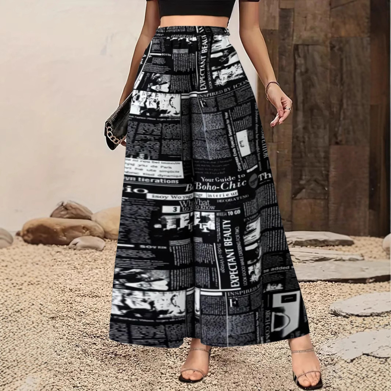 Európai és amerikai, határokon átnyúló új tavaszi és őszi, magas derekú, drapéria stílusú, divatos, női lezser, széles szárú nadrág 3D újságnyomattal