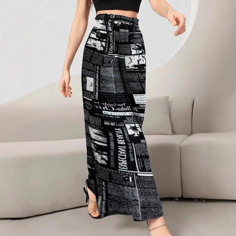Európai és amerikai, határokon átnyúló új tavaszi és őszi, magas derekú, drapéria stílusú, divatos, női lezser, széles szárú nadrág 3D újságnyomattal