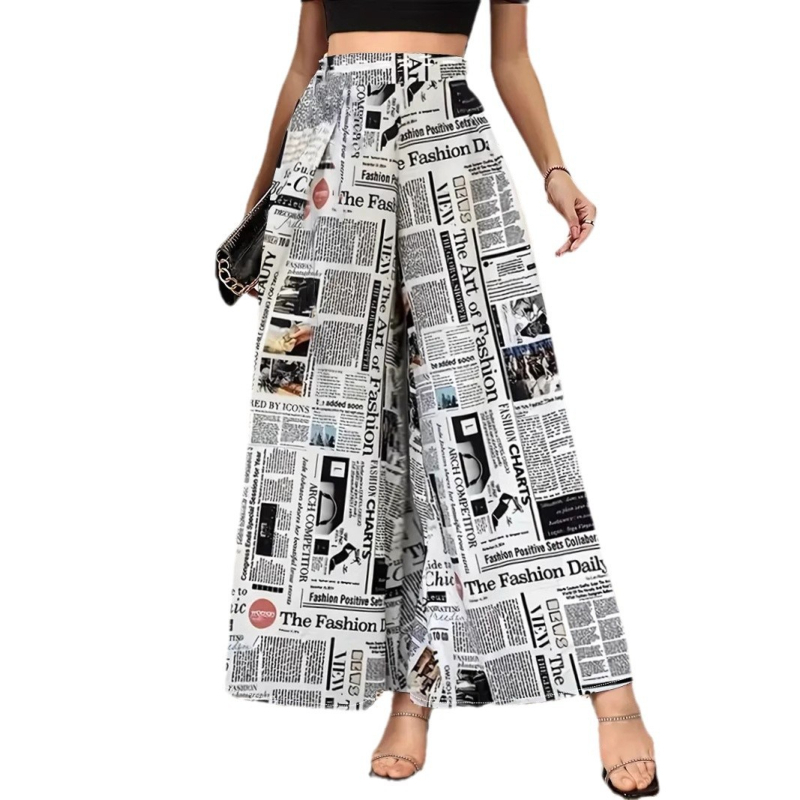 Európai és amerikai, határokon átnyúló új tavaszi és őszi, magas derekú, drapéria stílusú, divatos, női lezser, széles szárú nadrág 3D újságnyomattal