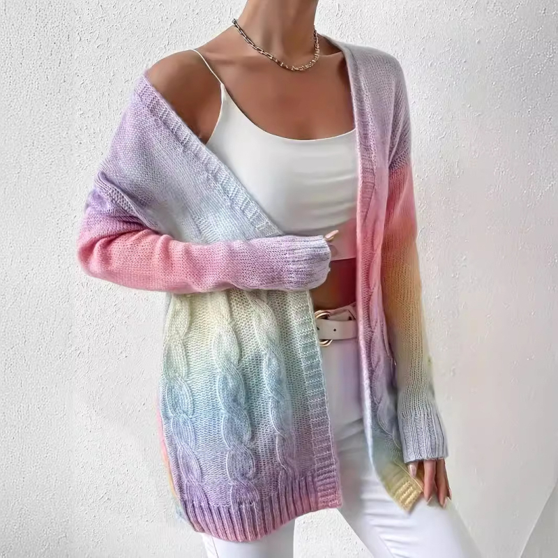 Φθινοπωρινά και Χειμερινά Ευρωπαϊκά και Αμερικανικά Πλεκτά Εξαγωγών Γυναικεία Ζακέτα Outwear Amazon Cross-Border Rainbow Tie-Dye Twist Μακρυμάνικα Πλεκτά