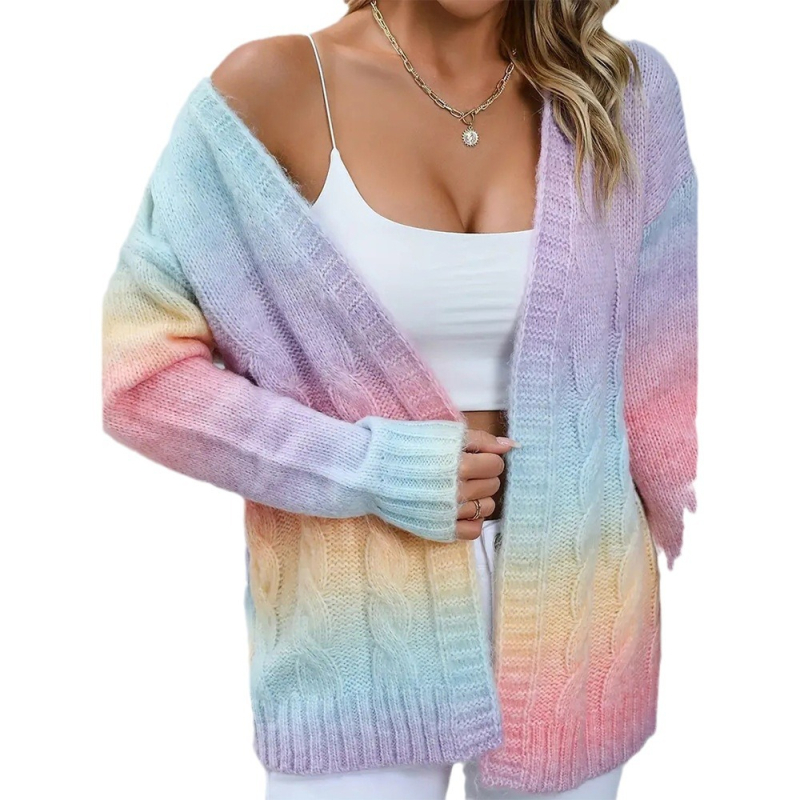 Φθινοπωρινά και Χειμερινά Ευρωπαϊκά και Αμερικανικά Πλεκτά Εξαγωγών Γυναικεία Ζακέτα Outwear Amazon Cross-Border Rainbow Tie-Dye Twist Μακρυμάνικα Πλεκτά